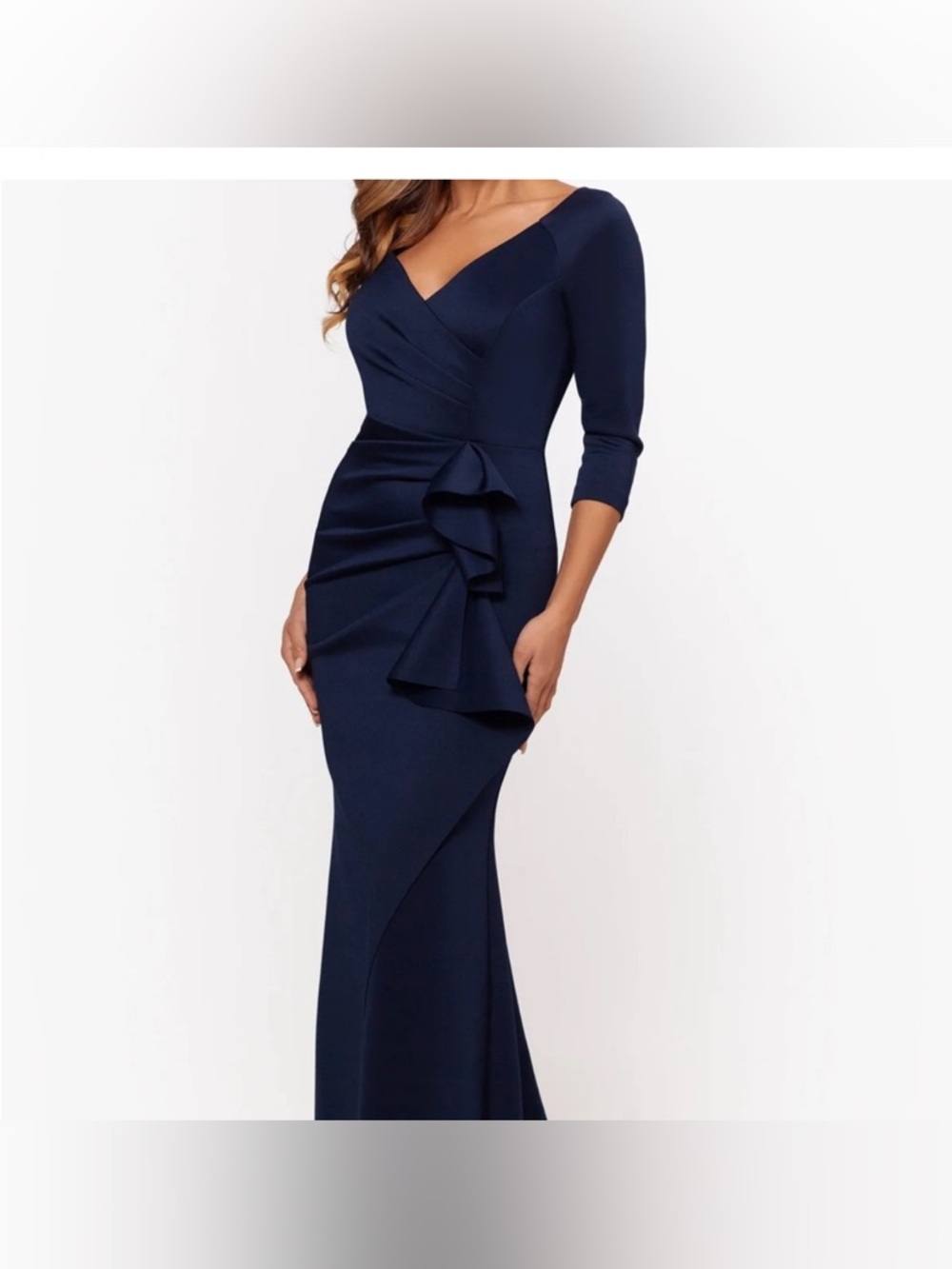Xscape Navy Ruffle Slit Gown NWT SZ 4P Petite Formal Evening Dress Long Sleeve